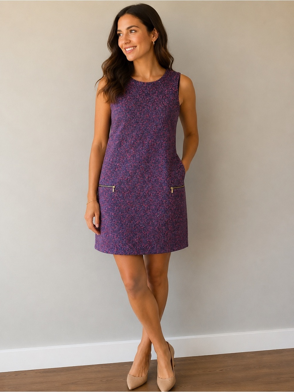 Merona Purple Pink Textured Shift Dress Gold Zip Detail XS